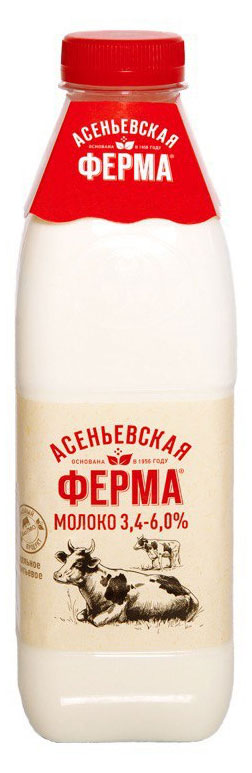 Молоко пастеризованное «Асеньевская ферма» отборное цельное 3,4%-6% БЗМЖ, 900 мл