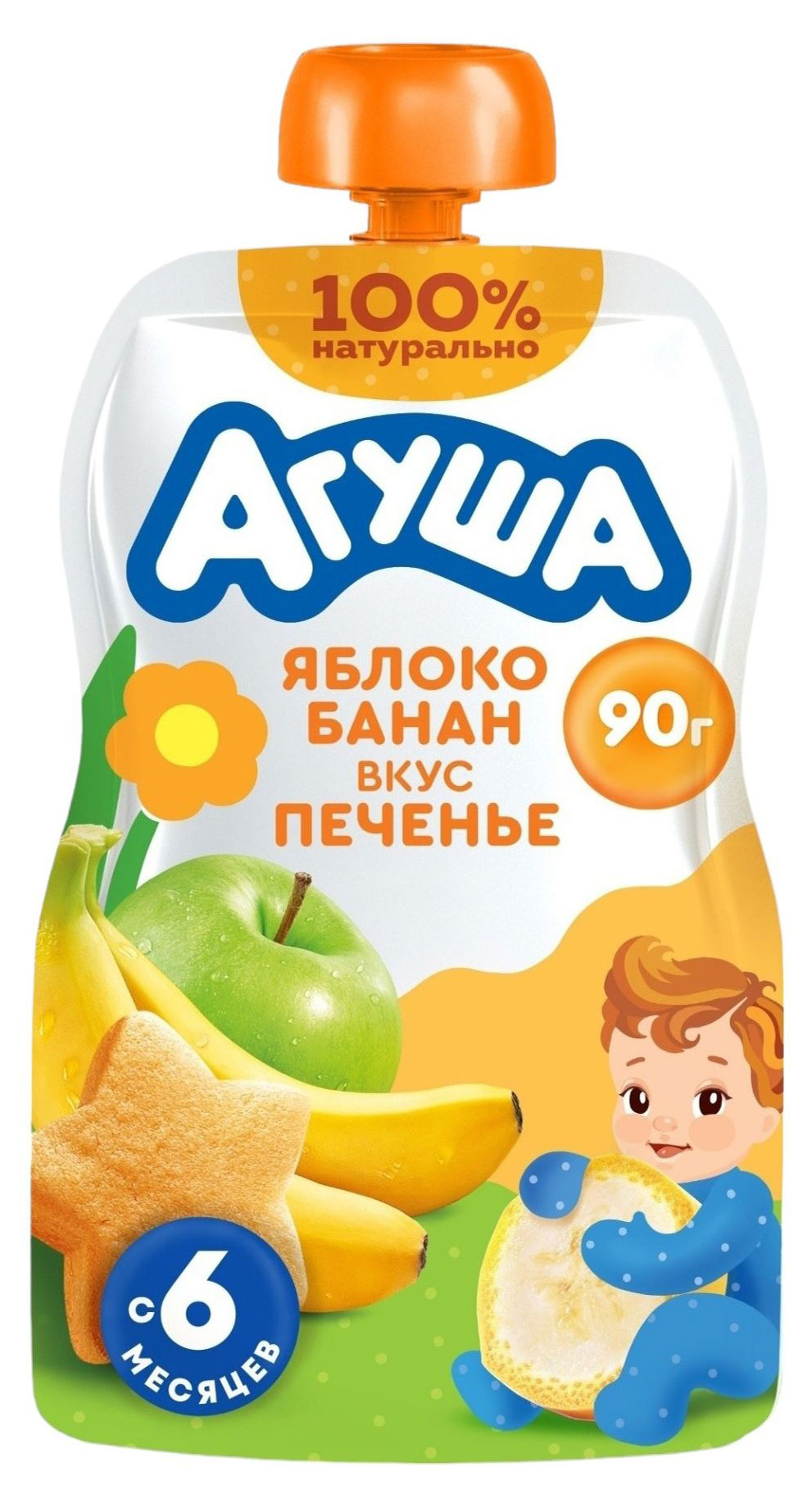 Пюре фруктовое «Агуша» яблоко-банан-печенье с 6 мес., 90 г