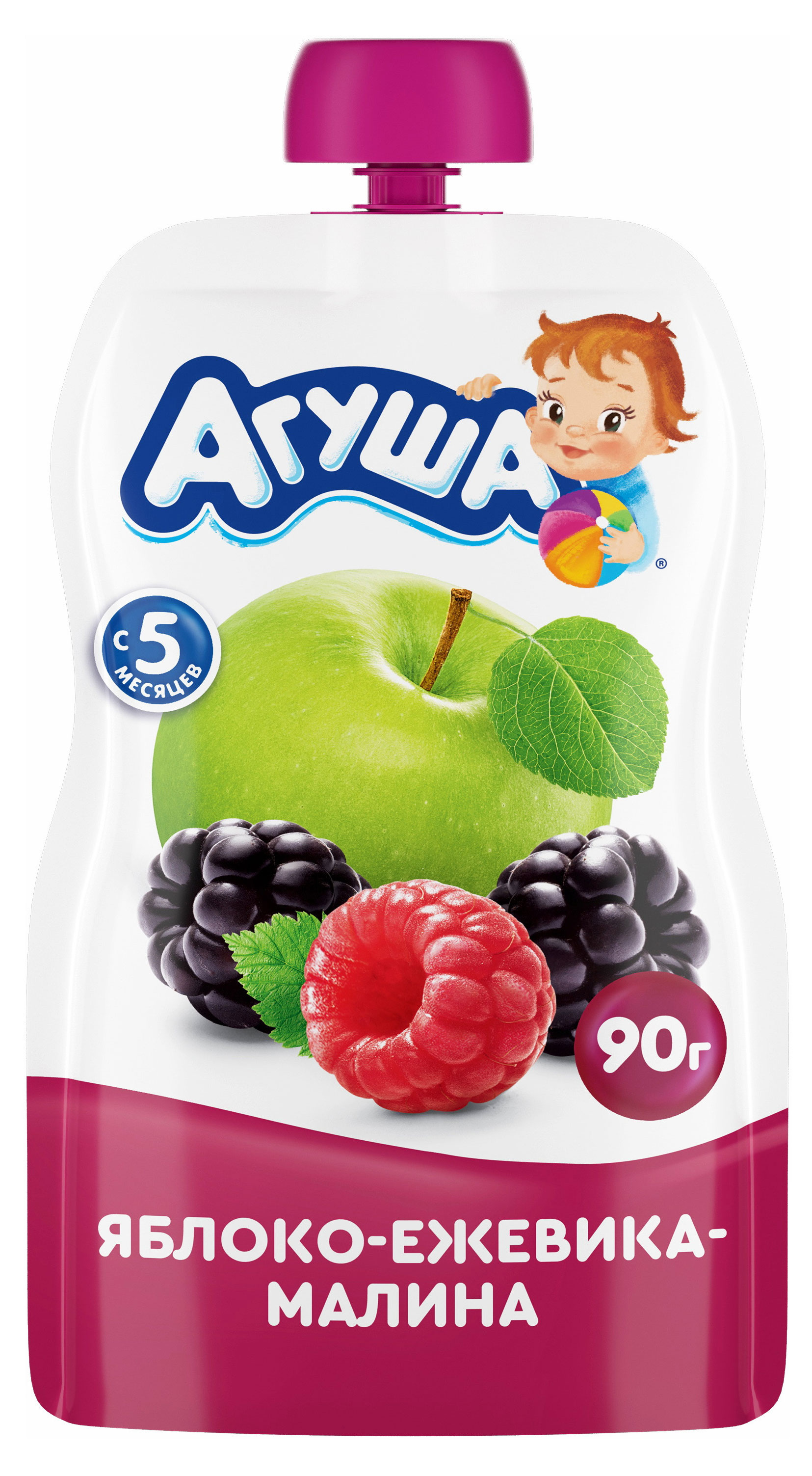 Пюре фруктово-ягодное «Агуша» яблоко-ежевика-малина с 5 мес., 90 г