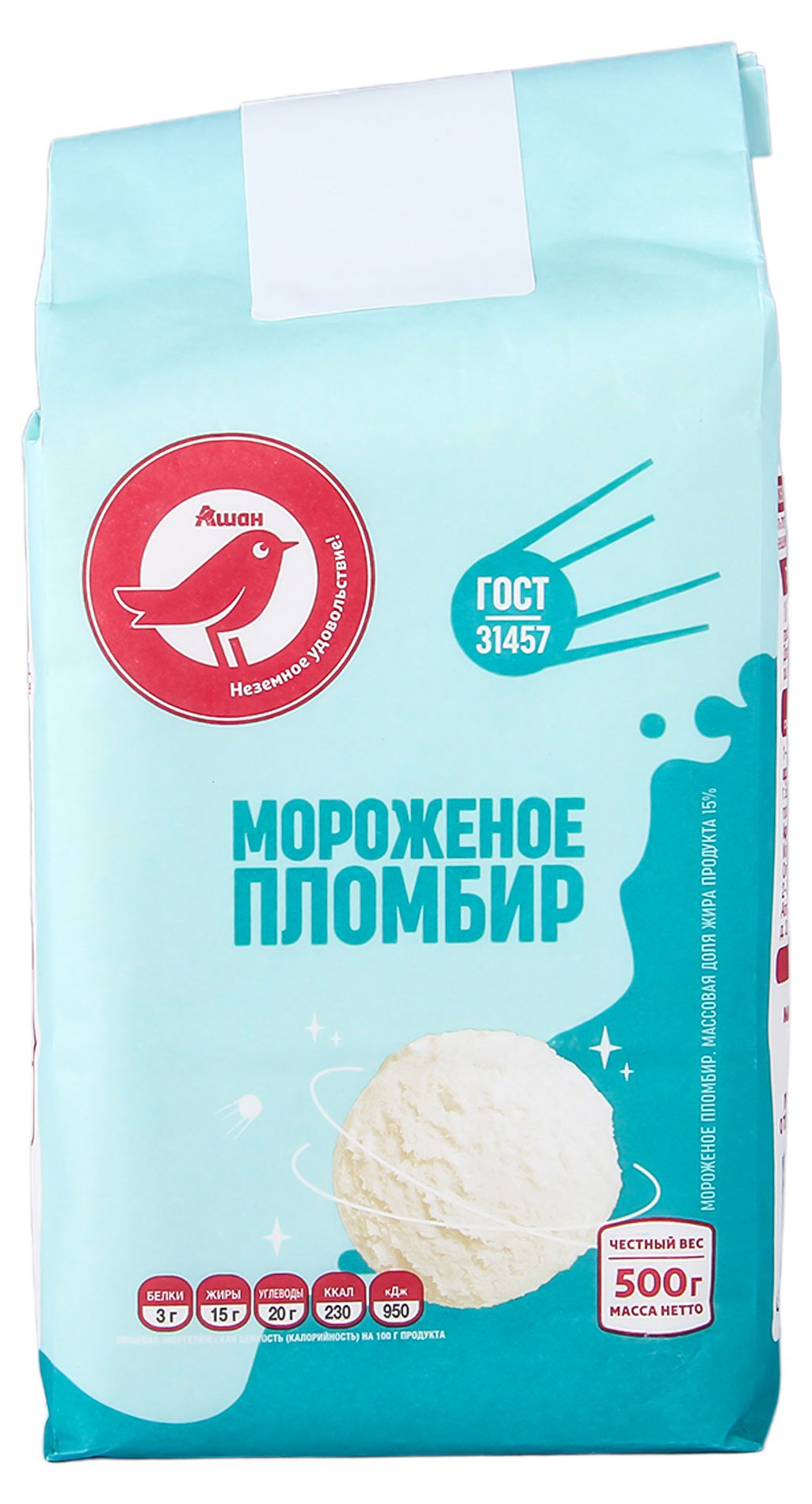 Мороженое пломбир АШАН Красная птица ванильный 15% ГОСТ БЗМЖ, 500 г