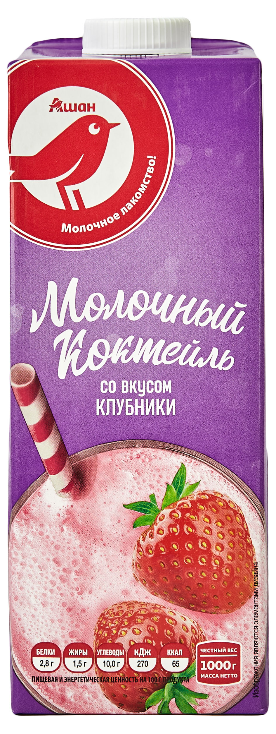 Коктейль молочный ультрапастеризованный АШАН Красная птица клубничный стерилизованный 1,5% БЗМЖ, 1000 г