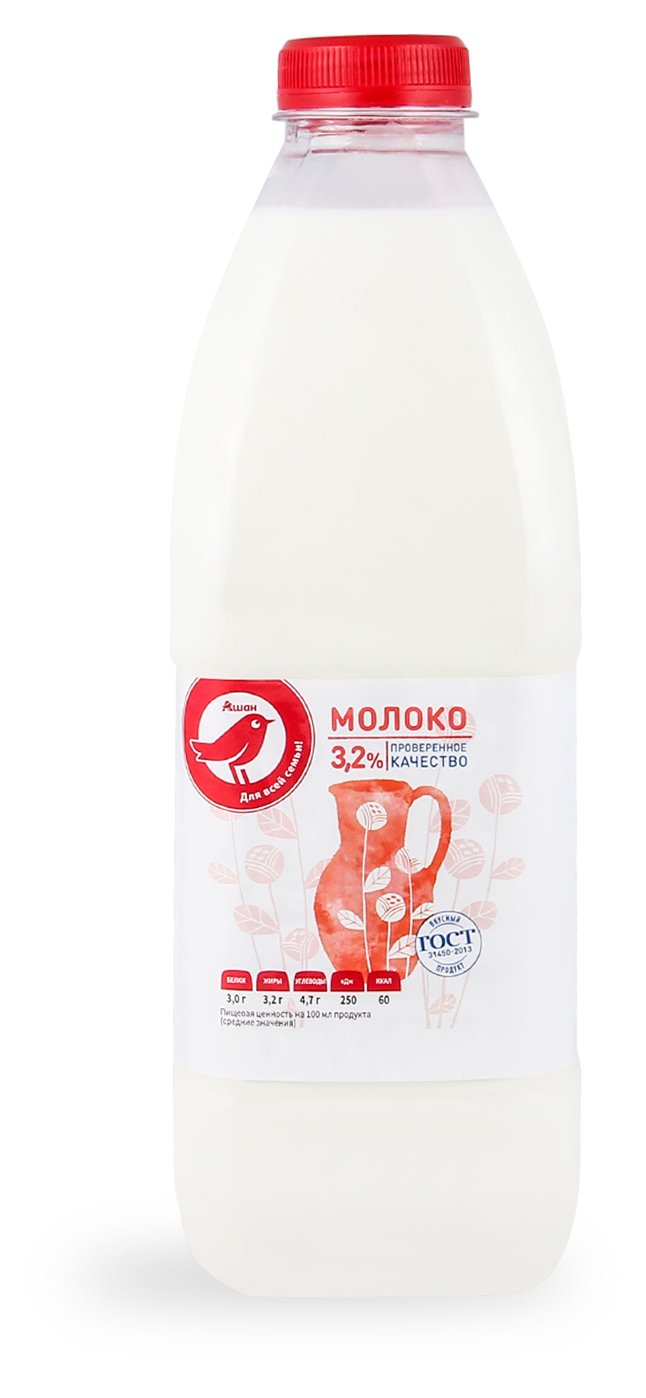 Молоко пастеризованное АШАН Красная птица цельное 3,2% ГОСТ БЗМЖ, 1400 г