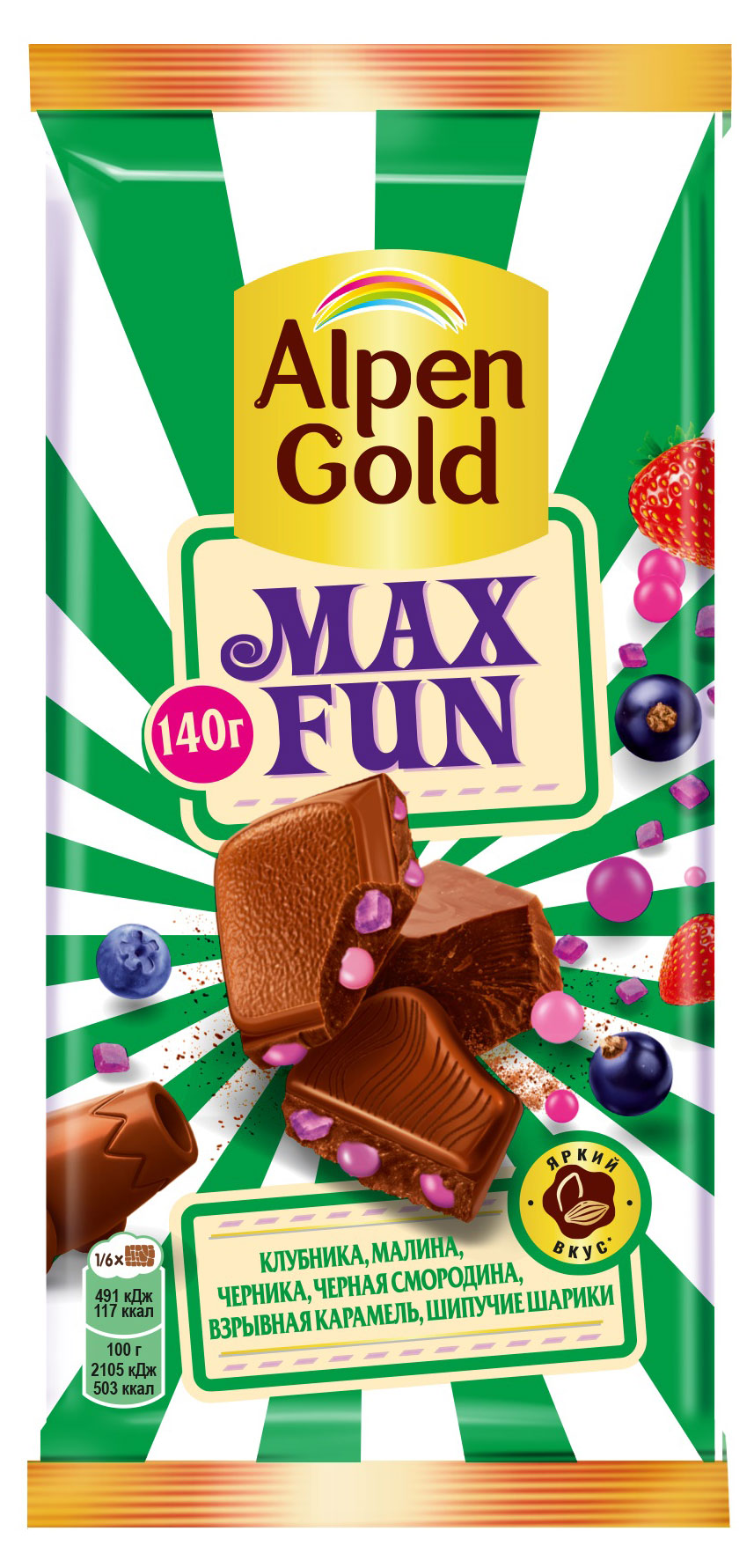 Шоколад молочный Alpen Gold Maxfun c фруктово-ягодными кусочками и взрывной карамелью, 140 г