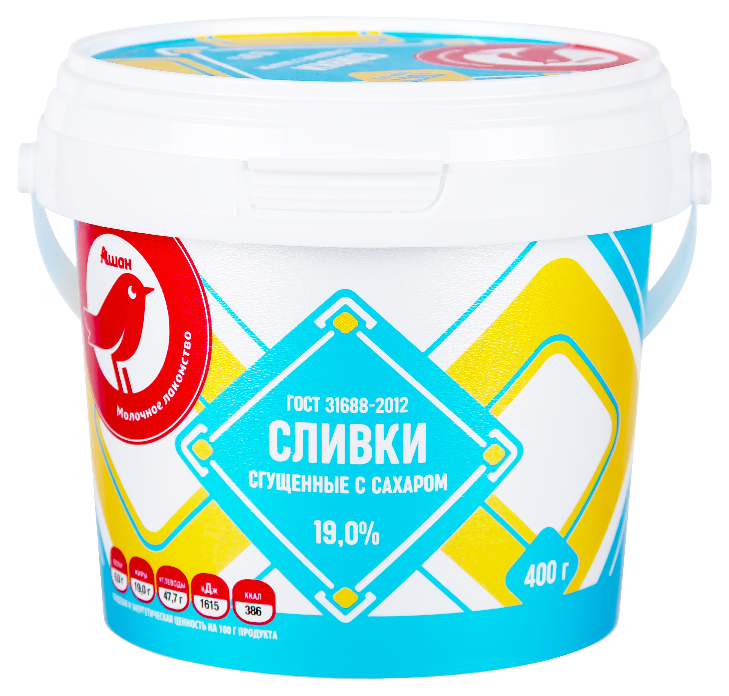 Сливки сгущенные АШАН Красная птица отборные с сахаром 19% ГОСТ БЗМЖ, 400 г