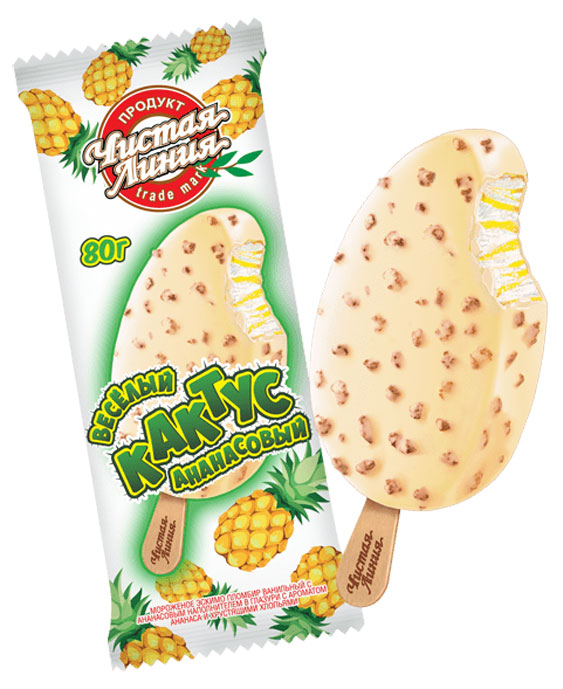 Мороженое молочное «Чистая Линия» Пломбир ванильный Веселый Кактус ананасовый в глазури с ананасом и хрустящими хлопьями эскимо 12%, 80 г