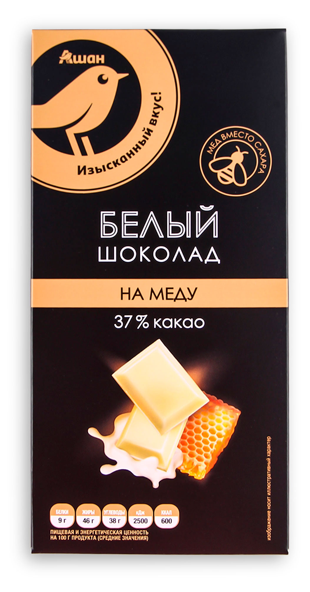 Шоколад АШАН Золотая птица белый на меду, 70 г