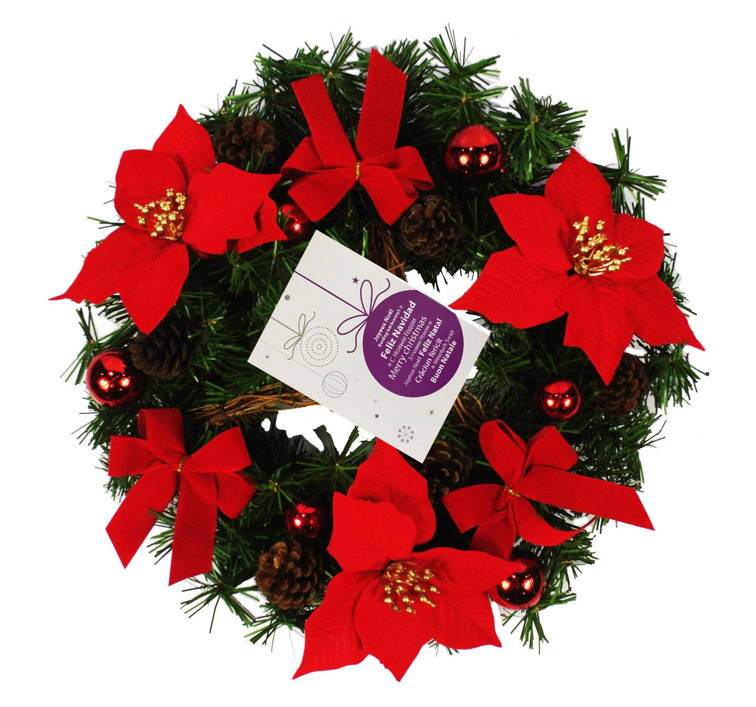 Декоративный венок с пуансеттиями, 30 см