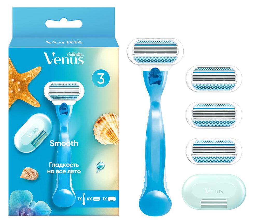 Бритва женская Gillette Venus с 1 сменной кассетой +  Сменные кассеты для бритья 3шт + чехол