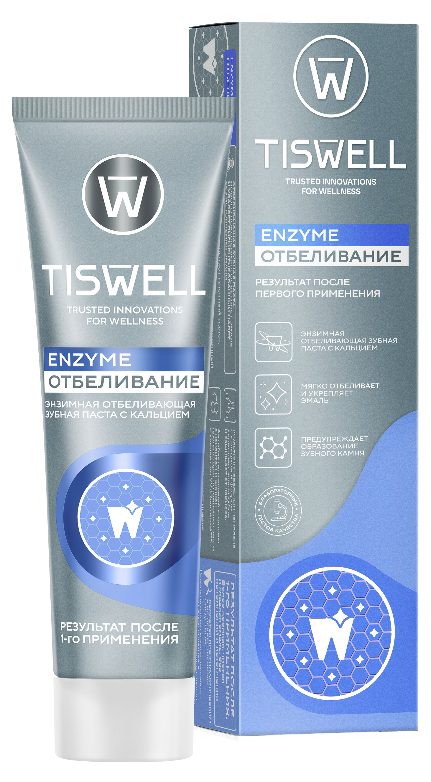 Зубная паста TISWELL Отбеливающая энзимная от темного налета и камня с кальцием и фтором, 110 г