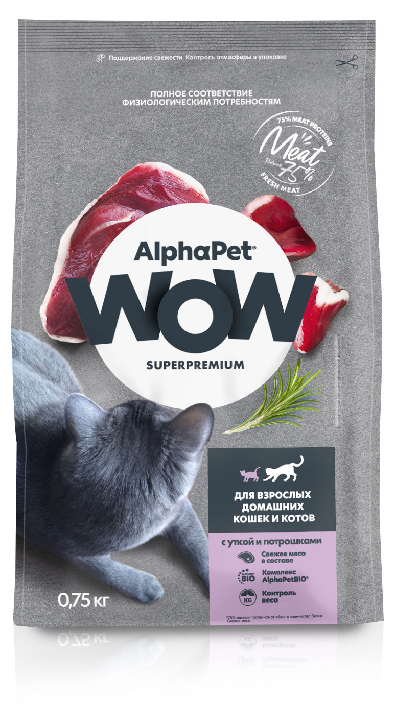 Сухой корм для кошек AlphaPet WOW утка и потрошки, 750 г