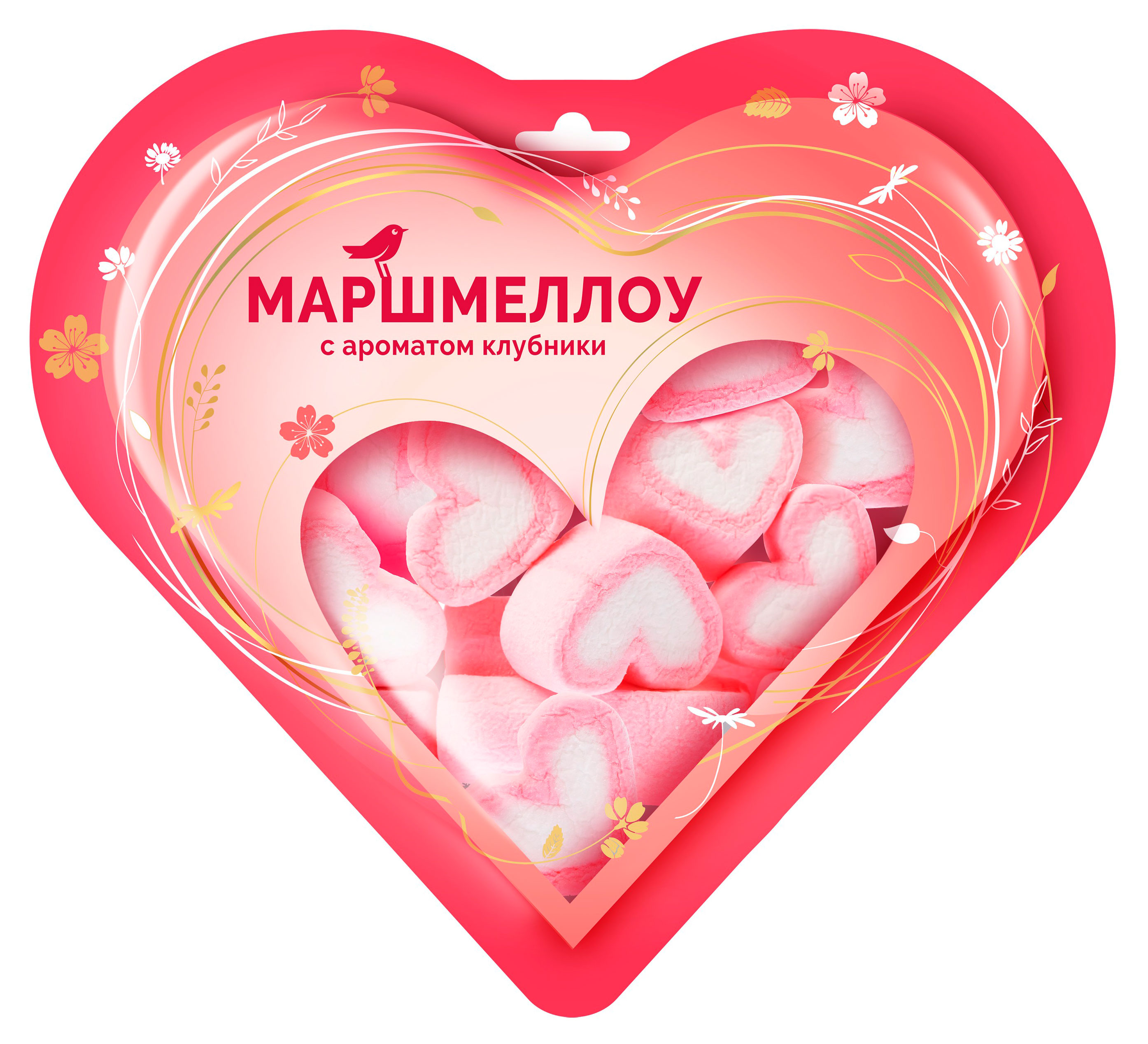Маршмеллоу АШАН Красная птица сердце в ароматом клубники, 90 г