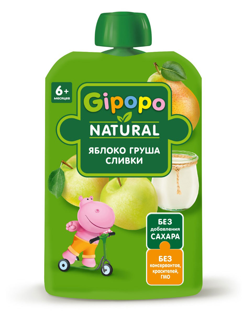 Пюре фруктовое детское Gipopo из яблок и груш со сливками, с 6 мес., 90 г