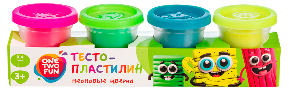 Тесто-пластилин ONE TWO FUN Неоновые цвета, 4 шт х 50 г