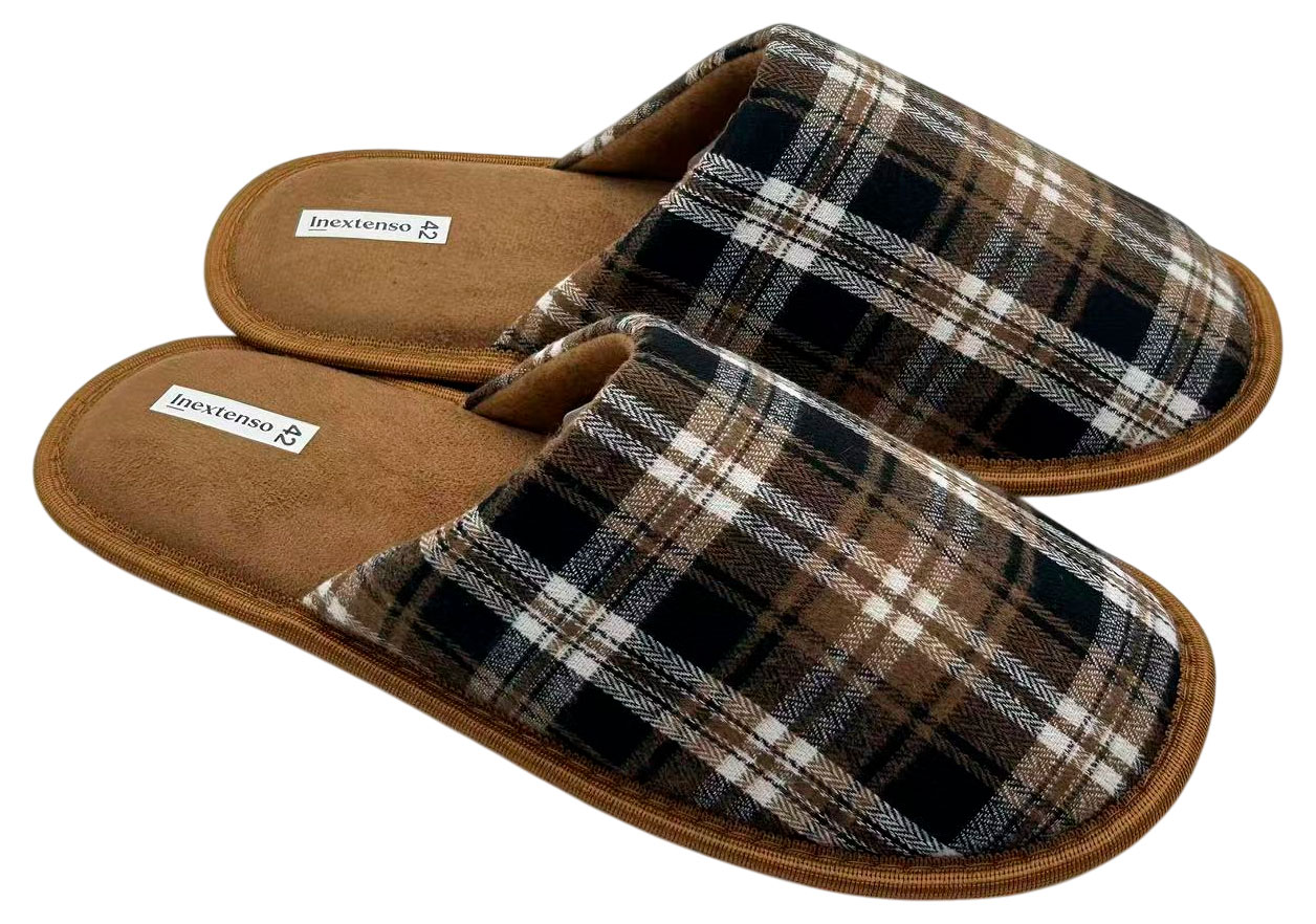 Тапочки мужские InExtenso с закрытым носком в клетку коричневые