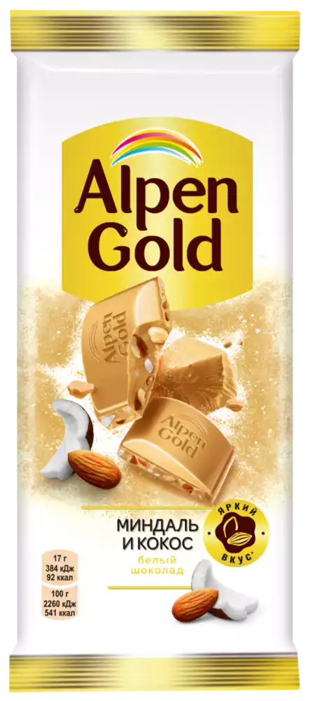 Шоколад ALPEN GOLD БЕЛЫЙ С МИНДАЛЕМ И КОКОСОВОЙ СТРУЖКОЙ 80Г