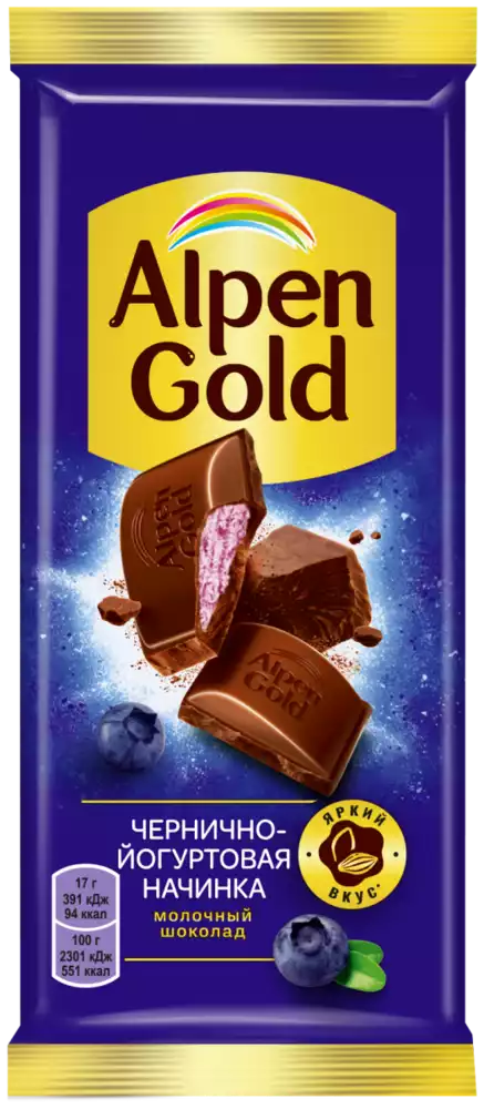 Шоколад ALPEN GOLD МОЛОЧНЫЙ С ЧЕРНИЧНО-ЙОГУРТОВОЙ НАЧИНКОЙ 80Г