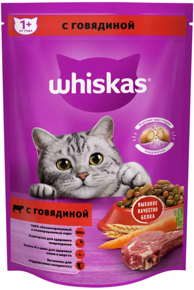 Корм сухой для кошек WHISKAS ВКУСНЫЕ ПОДУШЕЧКИ ПАШТЕТ С ГОВЯДИНОЙ 350Г