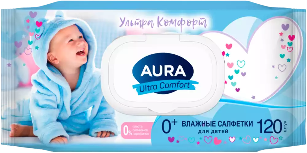 Влажные салфетки AURA ULTRA COMFORT ДЛЯ ДЕТЕЙ С КРЫШКОЙ 120ШТ