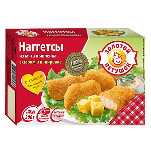 Наггетсы из мяса цыплёнка Золотой Петушок с сыром в панировке, 300г