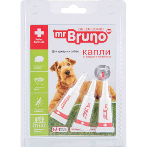 Капли от клещей и насекомых для средних собак Mr. Bruno, 3 шт. × 2,5 мл