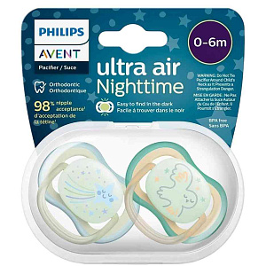 Соска-пустышка силиконовая светящаяся Philips Avent Ultra Air Nighttime Звезда/сова, с рождения до 6 месяцев, 2 шт.