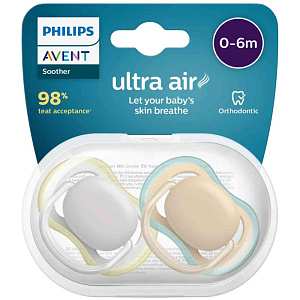 Соска-пустышка силиконовая Philips Avent Ultra Air серая/персик, с рождения до 6 месяцев, 2 шт.