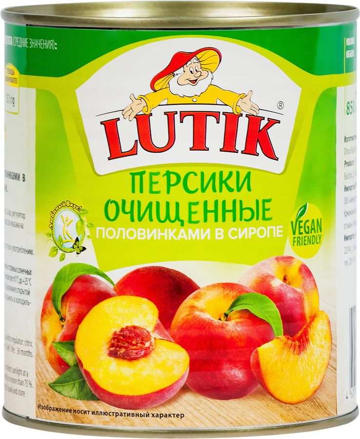 Персики LUTIK половинки в сиропе, очищенные, 850мл