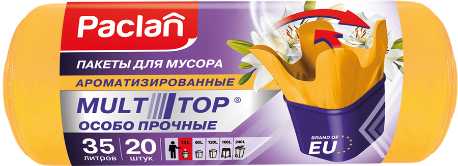 Мешки для мусора PACLAN Multitop Aroma, 35л, желтые, Арт. 136881, 20шт