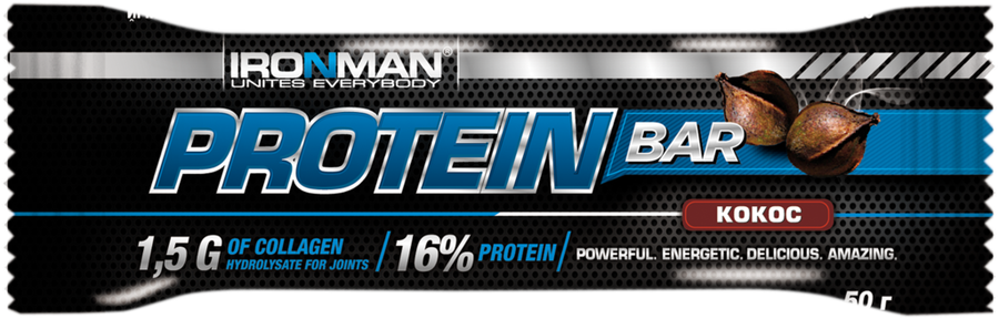 Батончик протеиновый IRONMAN Protein Bar Кокос, в темной глазури, с коллагеном, 50г