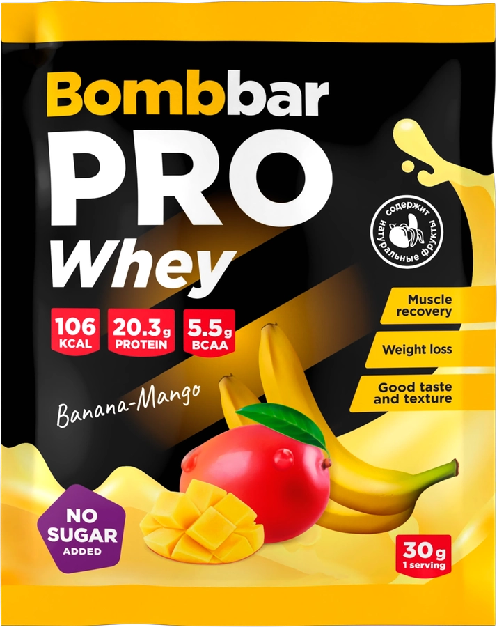 Концентрат для приготовления коктейля BOMBBAR Whey Protein Банан–манго, сухой, 30г
