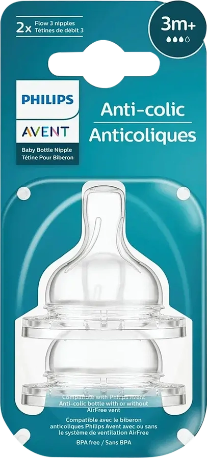 Соска для бутылочки PHILIPS AVENT Anti-colic средний поток, с 3 месяцев, Арт. SCY763/02, 2шт