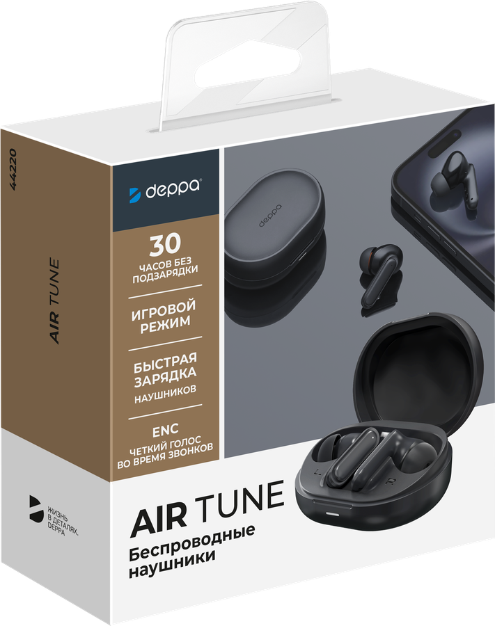 Наушники беспроводные DEPPA Air Tune, TWS, ENC, BT 5.3, 400 мАч, черный, Арт. 44220