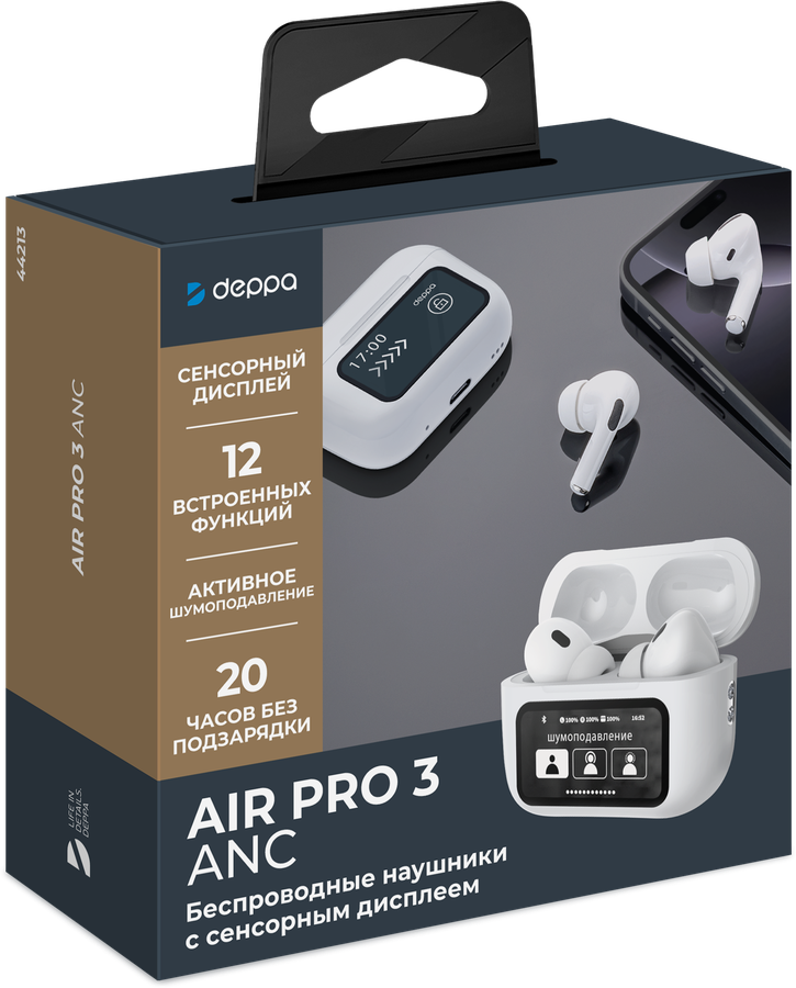 Наушники беспроводные DEPPA Air Pro 3 ANC, TWS, BT 5.3, 350 мАч, LCD, белый, Арт. 44213