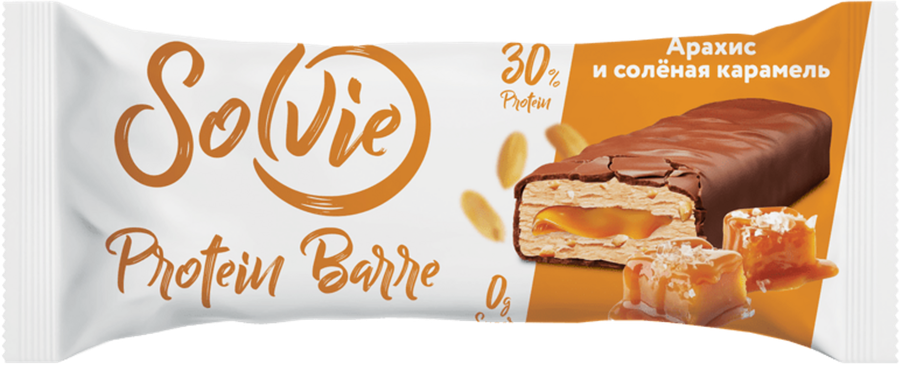 Батончик протеиновый SOLVIE Арахис и соленая карамель 30% белка, глазированный без сахара, 50г