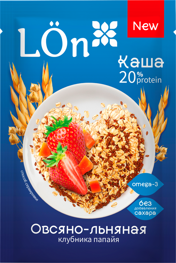 Каша овсяно-льняная LON с клубникой и папайей, моментальная, 30г