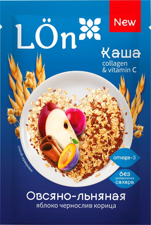 Каша овсяно-льняная LON с яблоком черносливом и корицей, моментальная, 30г