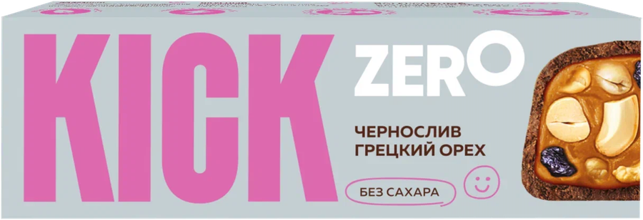 Батончик арахисовый KICK Zero с изюмом черносл. и грецк. орехом в шок. б/сах.