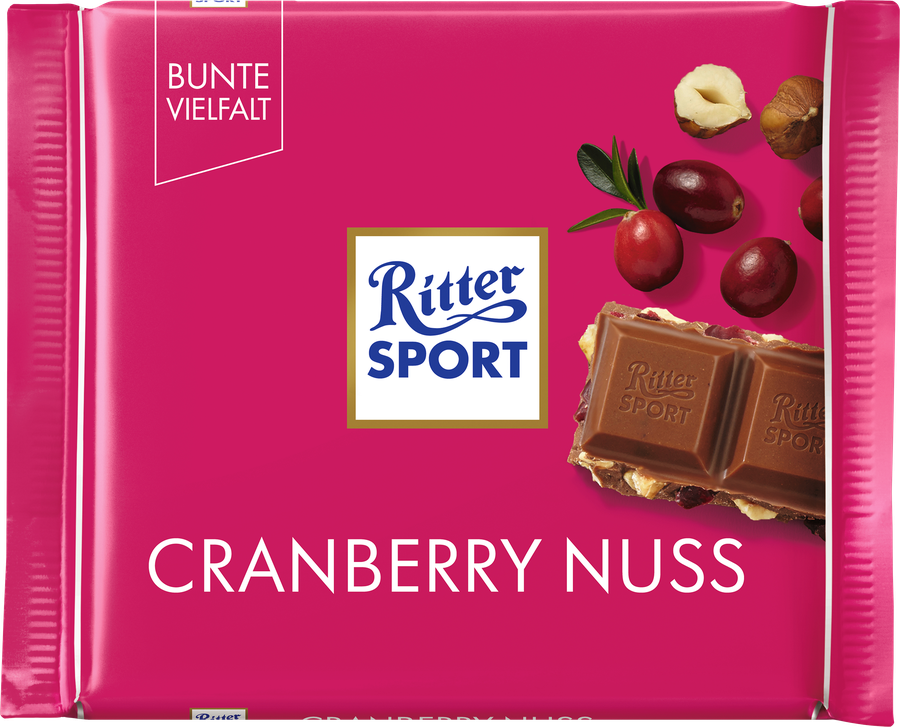 Шоколад молочный RITTER SPORT с кусочками клюквы и орехом лещины, 100г