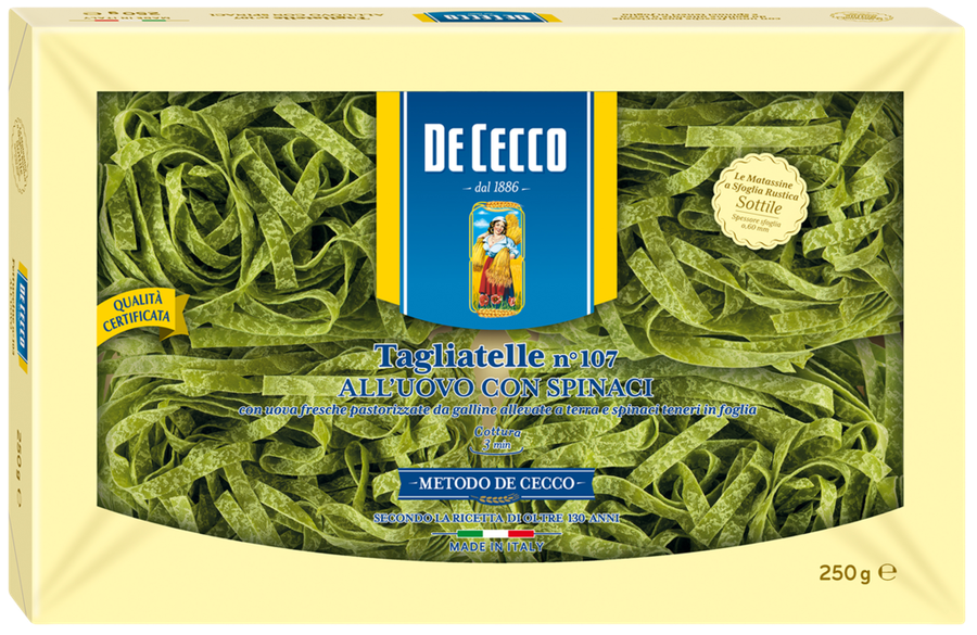 Макароны DE CECCO Tagliatelle №107 яичные со шпинатом, 250г