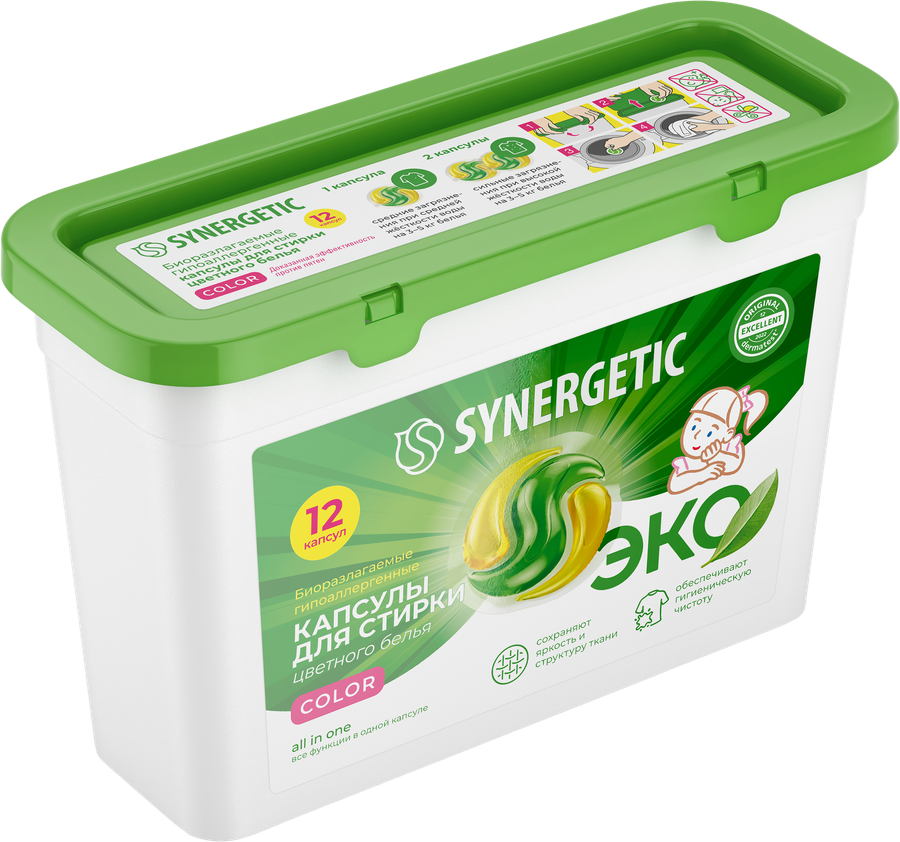 Капсулы для стирки SYNERGETIC Color, 12шт