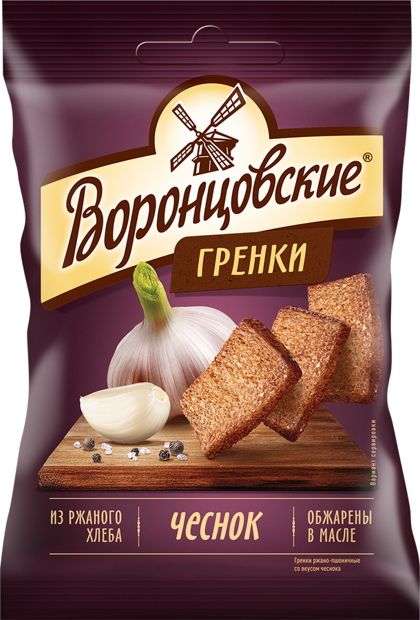 Сухарики ржаные ВОРОНЦОВСКИЕ со вкусом чеснока, 60г