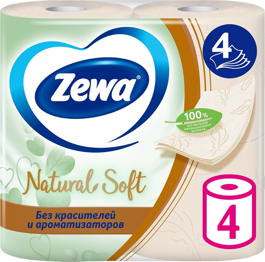 Бумага туалетная ZEWA Natural Soft 4-слоя, 4шт