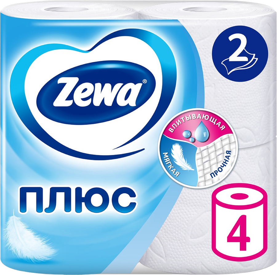 Бумага туалетная ZEWA Plus 2-слоя белая, 4шт