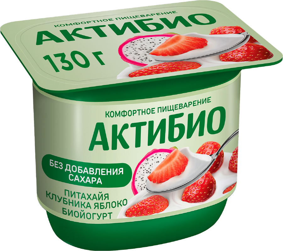 Биойогурт АКТИБИО Клубника, яблоко, питахайя без сахара 2,9%, без змж, 130г