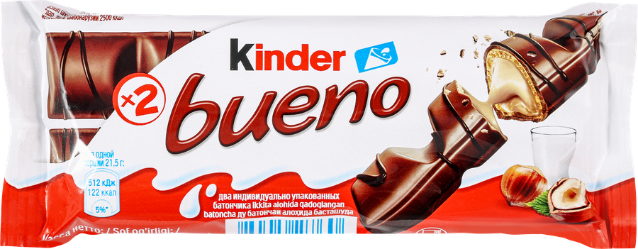 Вафли KINDER Bueno в молочном шоколаде, 43г