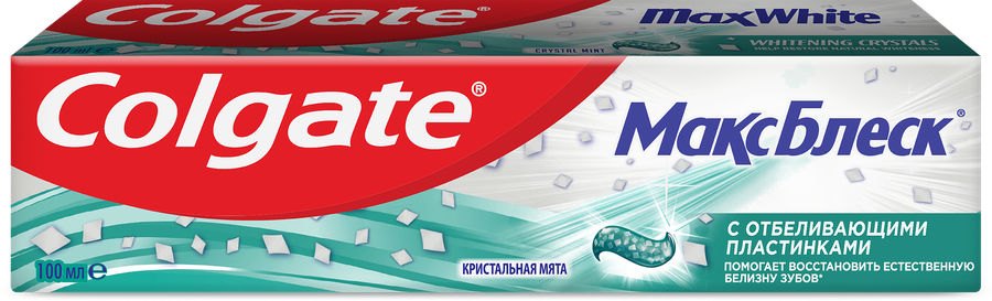 Зубная паста COLGATE Макс Блеск Кристальная мята с отбеливающими пластинками для свежего дыхания и отбеливания зубов, 100мл