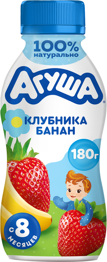 Йогурт питьевой детский АГУША Клубника, банан 2,7%, с 8 месяцев, без змж, 180г