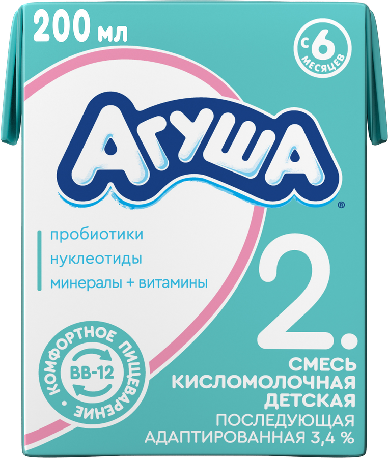 Смесь кисломолочная АГУША 2 с витаминами и минеральными веществами 3,4%, без змж, 204г