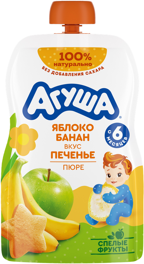 Пюре фруктовое детское АГУША Яблоко, банан, печенье, с 6 месяцев, 90г