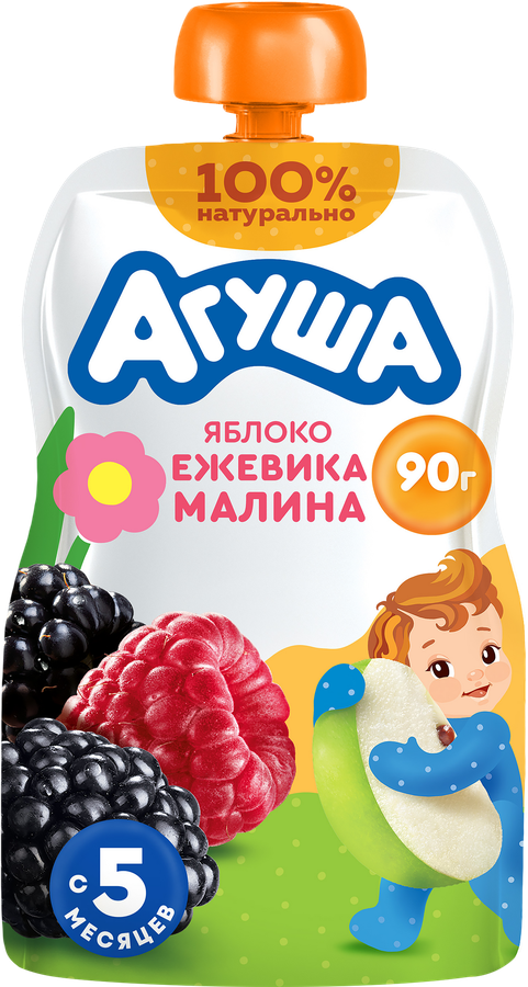 Пюре фруктово-ягодное детское АГУША Яблоко, ежевика, малина, с 5 месяцев, 90г